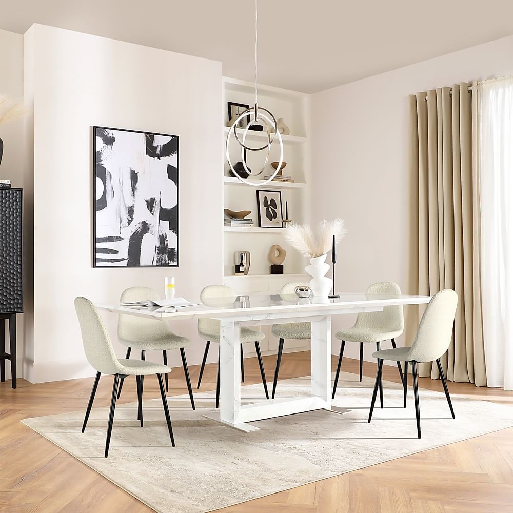 Tokyo Extending Dining Table & 4 Brooklyn Chairs, White Marble Effect, Ivory Classic Boucle Fabric & Black Steel, 160-220cm