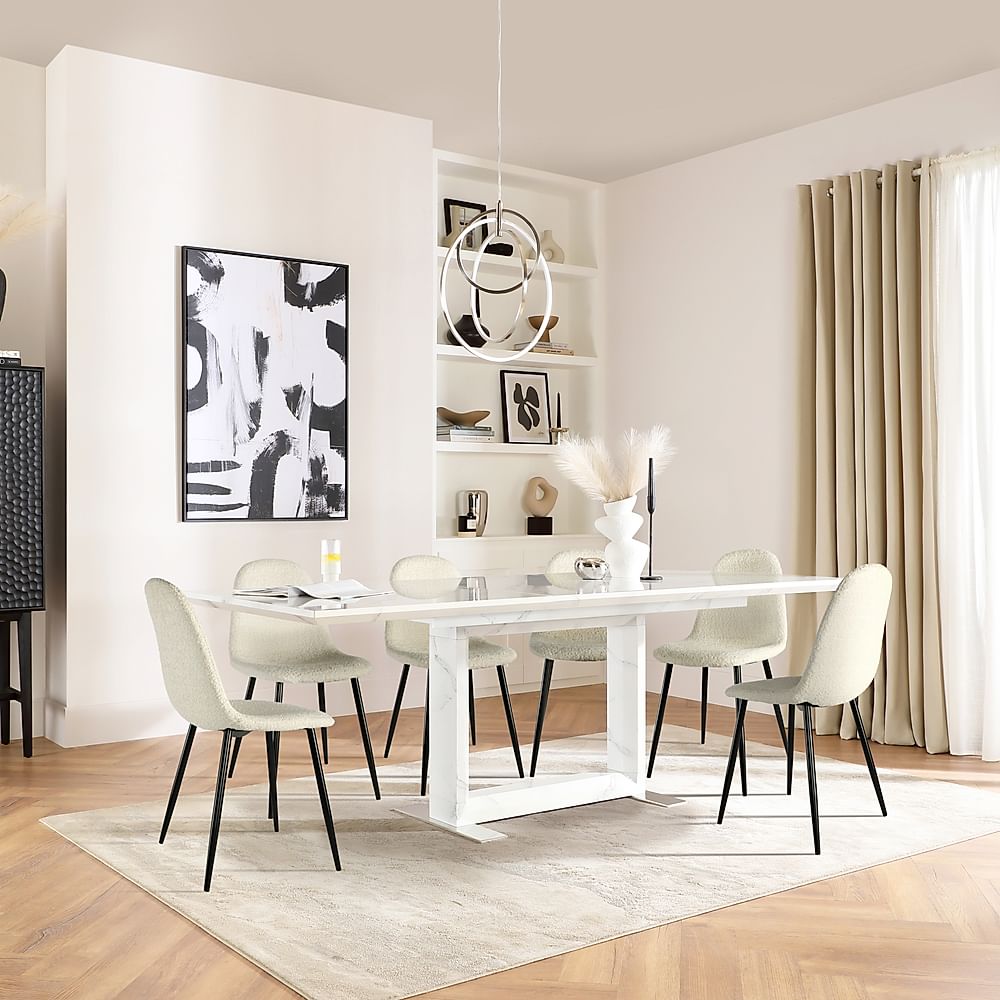 Tokyo Extending Dining Table & 6 Brooklyn Chairs, White Marble Effect, Ivory Classic Boucle Fabric & Black Steel, 160-220cm