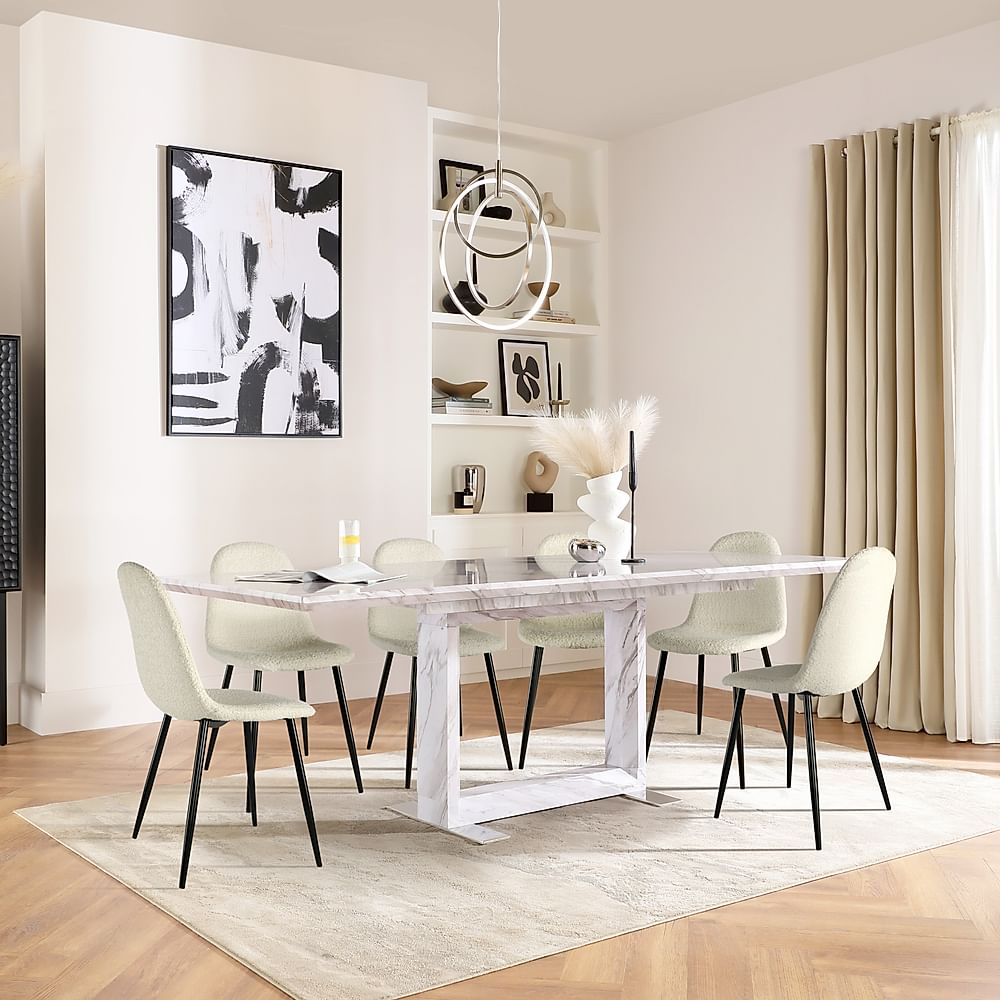 Tokyo Extending Dining Table & 4 Brooklyn Chairs, Grey Marble Effect, Ivory Classic Boucle Fabric & Black Steel, 160-220cm