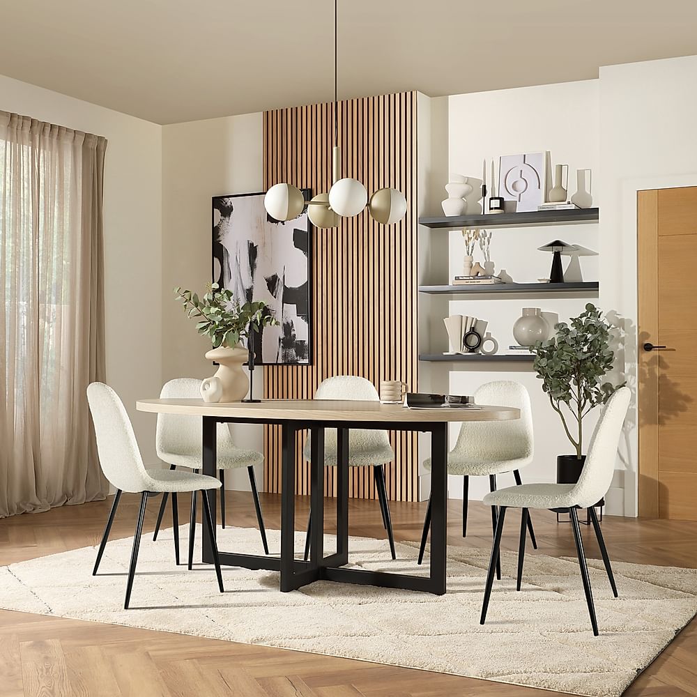 Newbury Oval Dining Table & 4 Brooklyn Chairs, Light Oak Effect & Black Steel, Ivory Classic Boucle Fabric, 180cm