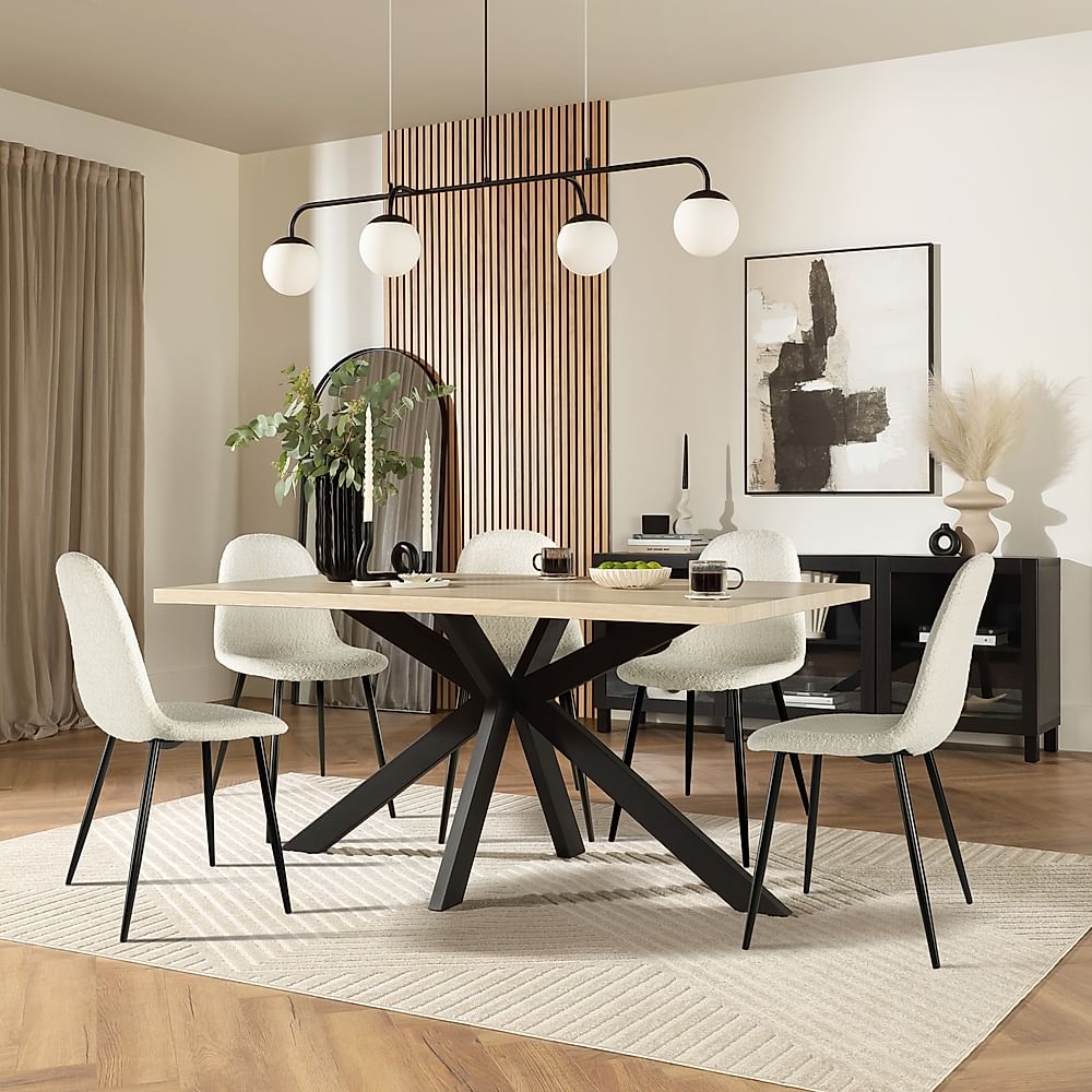 Madison Dining Table & 6 Brooklyn Chairs, Light Oak Effect & Black Steel, Ivory Classic Boucle Fabric, 160cm