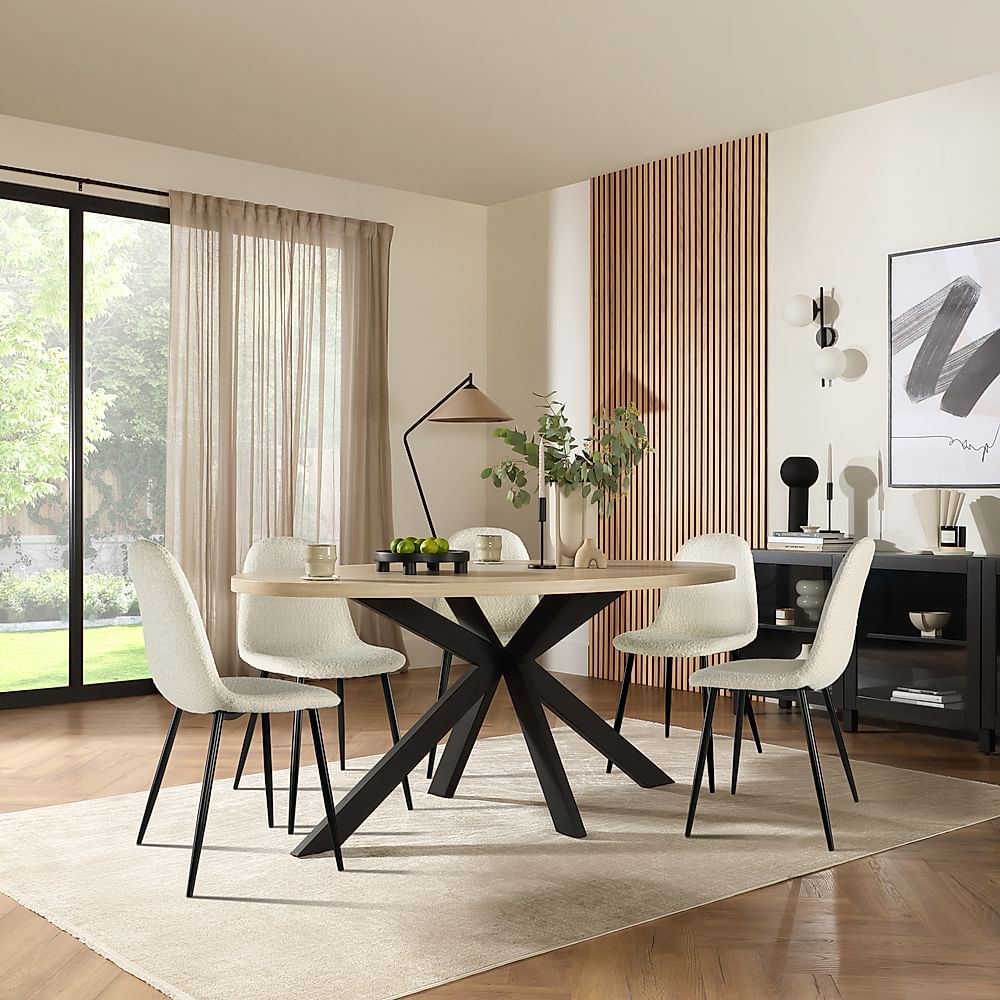 Madison Oval Dining Table & 4 Brooklyn Chairs, Light Oak Effect & Black Steel, Ivory Classic Boucle Fabric, 180cm