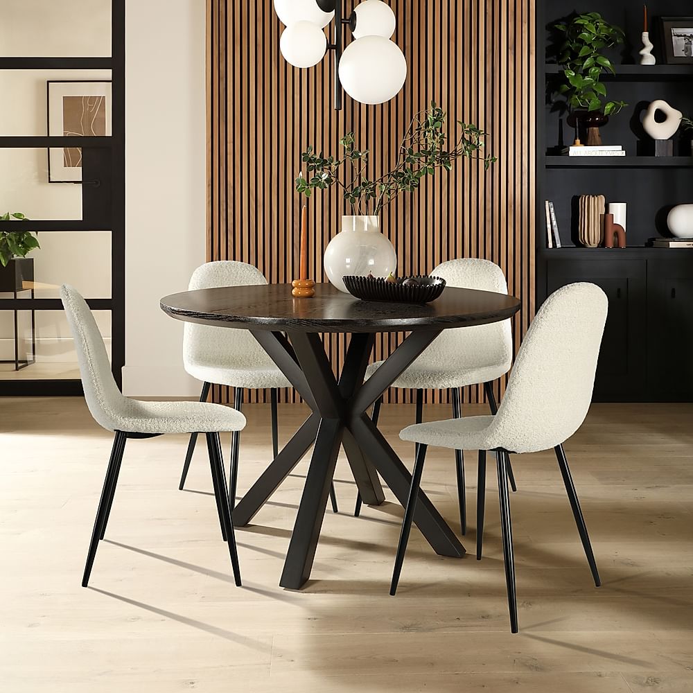 Newark Round Dining Table & 4 Brooklyn Chairs, Black Oak Effect & Black Steel, Ivory Classic Boucle Fabric, 110cm