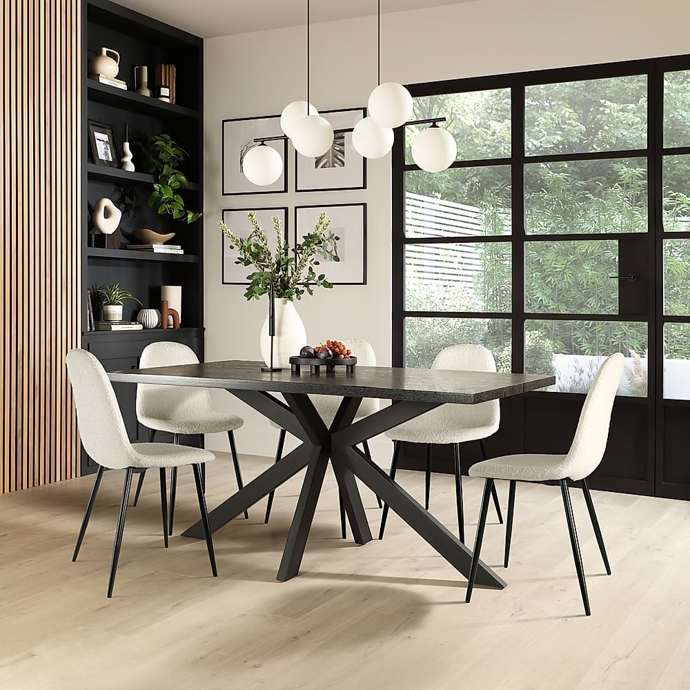 Madison Dining Table & 4 Brooklyn Chairs, Black Oak Effect & Black Steel, Ivory Classic Boucle Fabric, 160cm