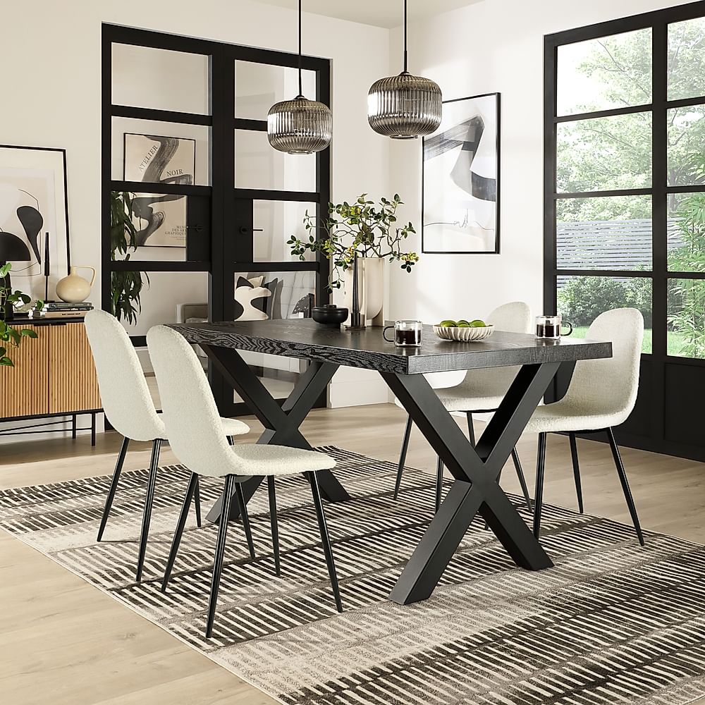 Franklin Dining Table & 4 Brooklyn Chairs, Black Oak Effect & Black Steel, Ivory Classic Boucle Fabric, 150cm