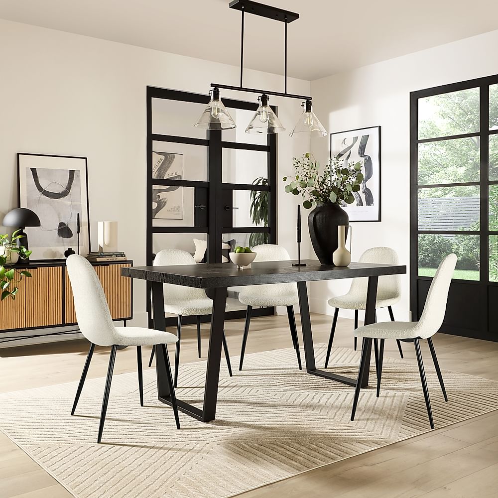 Addison Dining Table & 4 Brooklyn Chairs, Black Oak Effect & Black Steel, Ivory Classic Boucle Fabric, 150cm