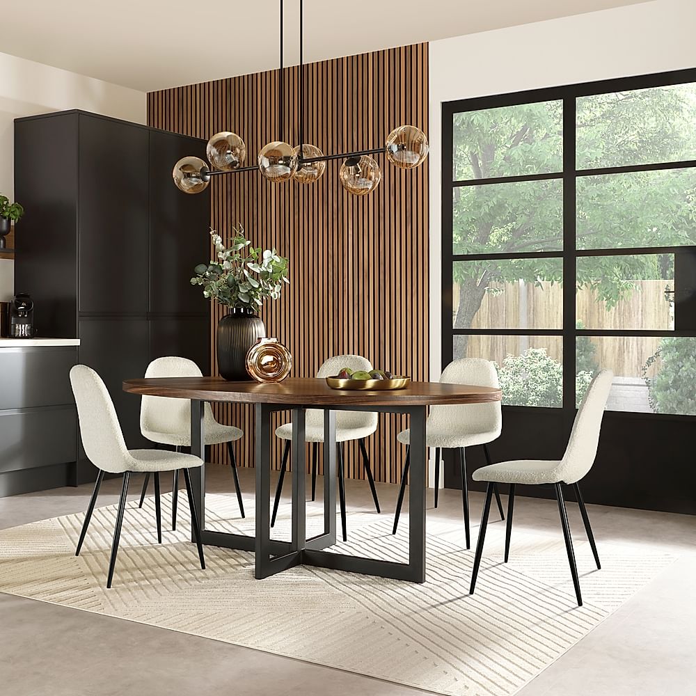 Newbury Oval Industrial Dining Table & 4 Brooklyn Chairs, Walnut Effect & Black Steel, Ivory Classic Boucle Fabric, 180cm