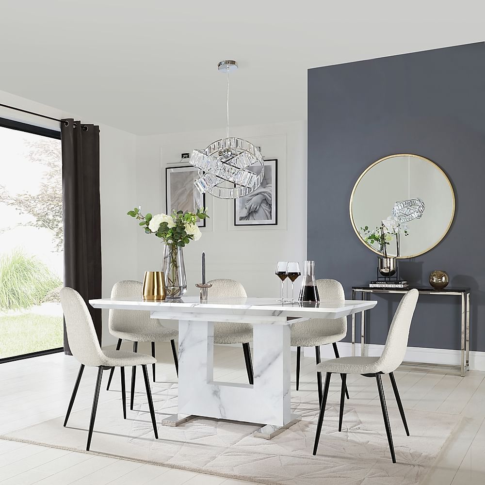 Florence Extending Dining Table & 4 Brooklyn Chairs, White Marble Effect, Light Grey Classic Boucle Fabric & Black Steel, 120-160cm