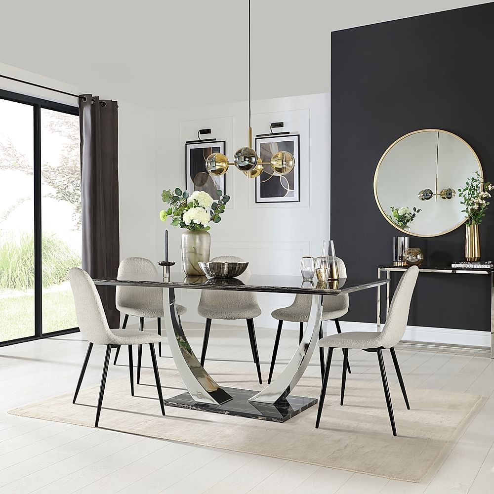 Peake Dining Table & 6 Brooklyn Chairs, Black Marble Effect & Chrome, Light Grey Classic Boucle Fabric & Black Steel, 160cm