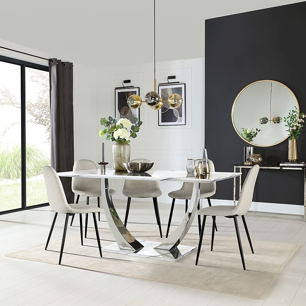 Peake Dining Table & 4 Brooklyn Chairs, White Marble Effect & Chrome, Light Grey Classic Boucle Fabric & Black Steel, 160cm