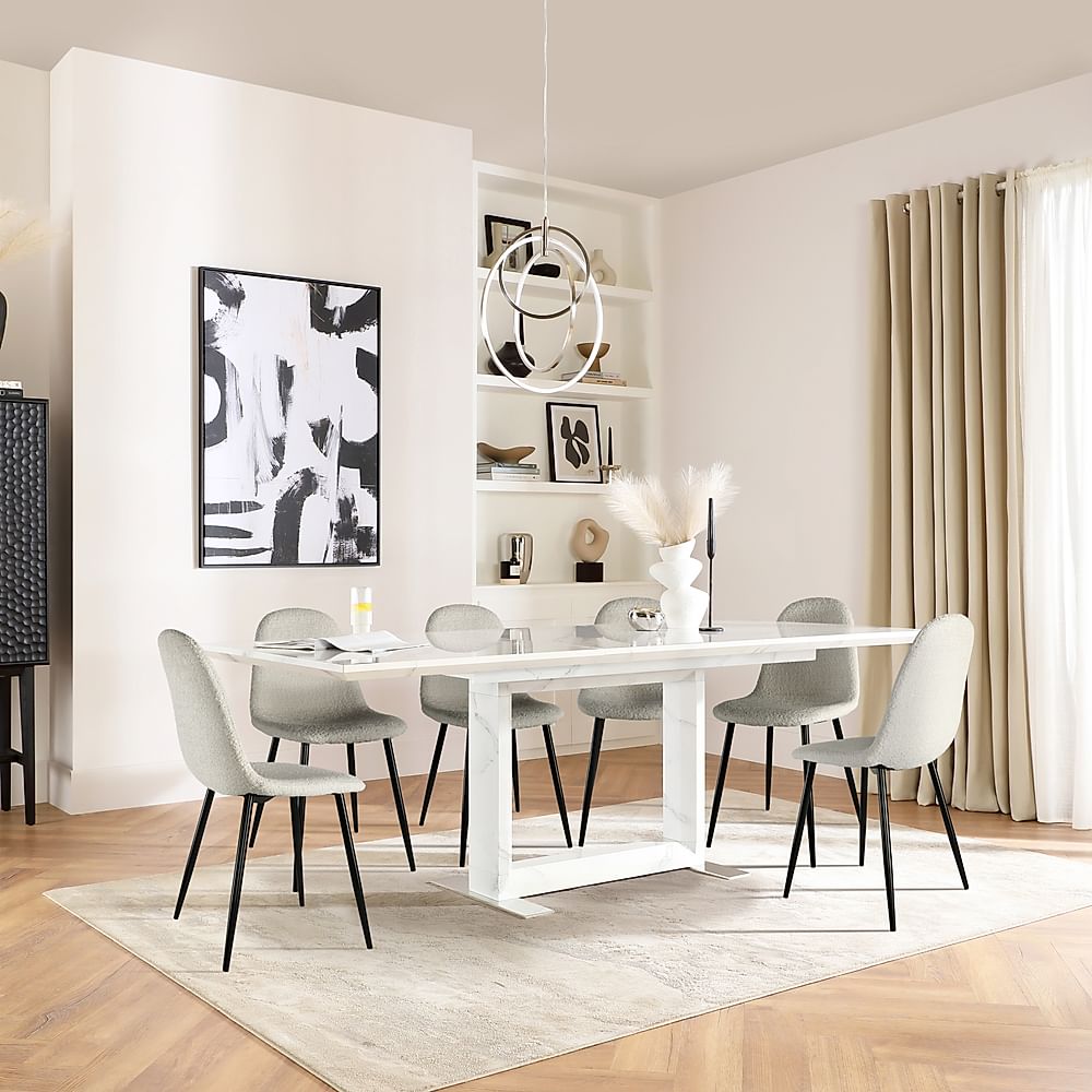 Tokyo Extending Dining Table & 6 Brooklyn Chairs, White Marble Effect, Light Grey Classic Boucle Fabric & Black Steel, 160-220cm