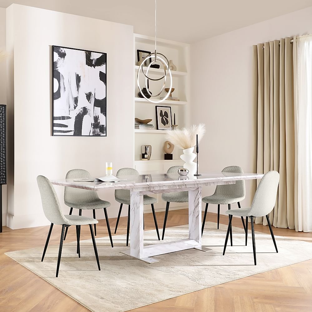 Tokyo Extending Dining Table & 8 Brooklyn Chairs, Grey Marble Effect, Light Grey Classic Boucle Fabric & Black Steel, 160-220cm