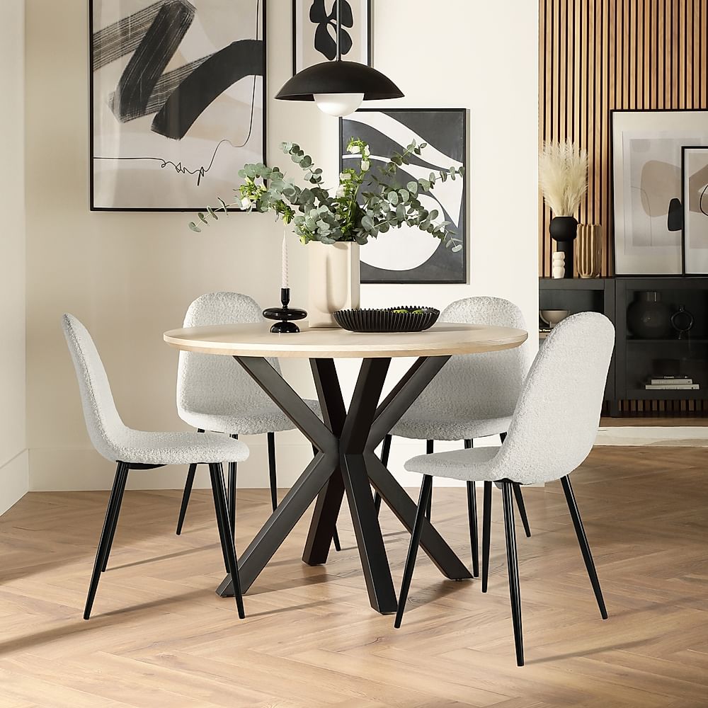 Newark Round Dining Table & 4 Brooklyn Chairs, Light Oak Effect & Black Steel, Light Grey Classic Boucle Fabric, 110cm