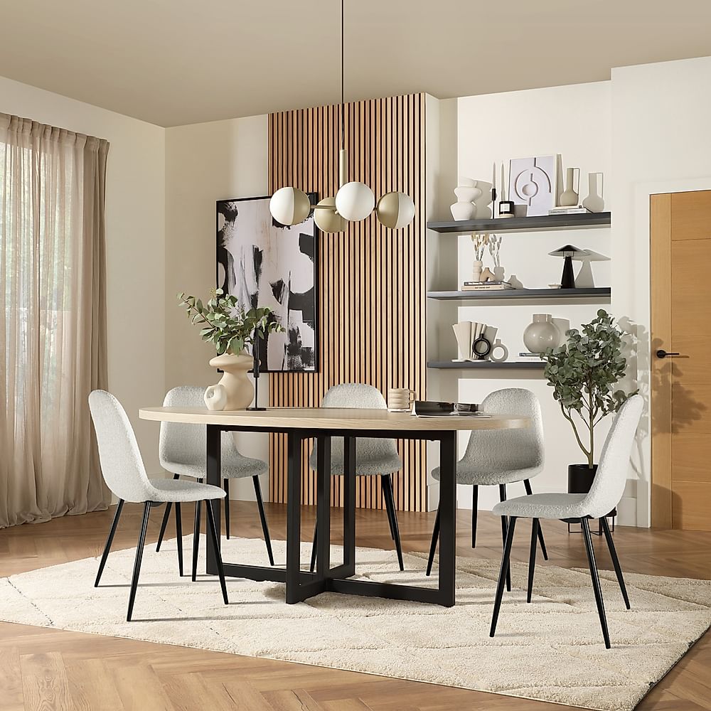 Newbury Oval Dining Table & 4 Brooklyn Chairs, Light Oak Effect & Black Steel, Light Grey Classic Boucle Fabric, 180cm