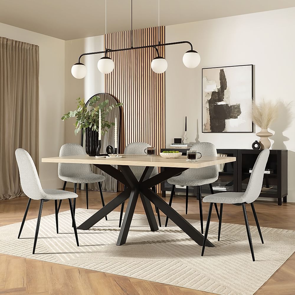 Madison Dining Table & 4 Brooklyn Chairs, Light Oak Effect & Black Steel, Light Grey Classic Boucle Fabric, 160cm