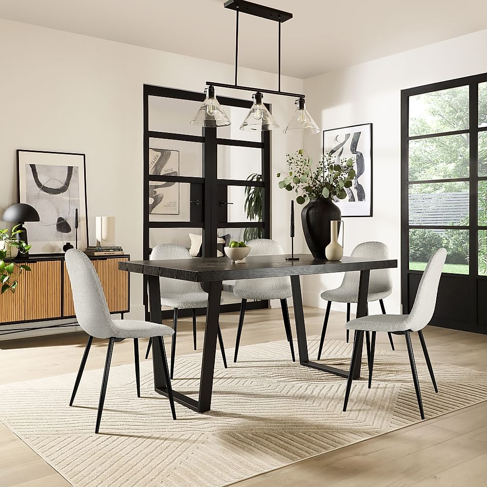 Addison Dining Table & 4 Brooklyn Chairs, Black Oak Effect & Black Steel, Light Grey Classic Boucle Fabric, 150cm