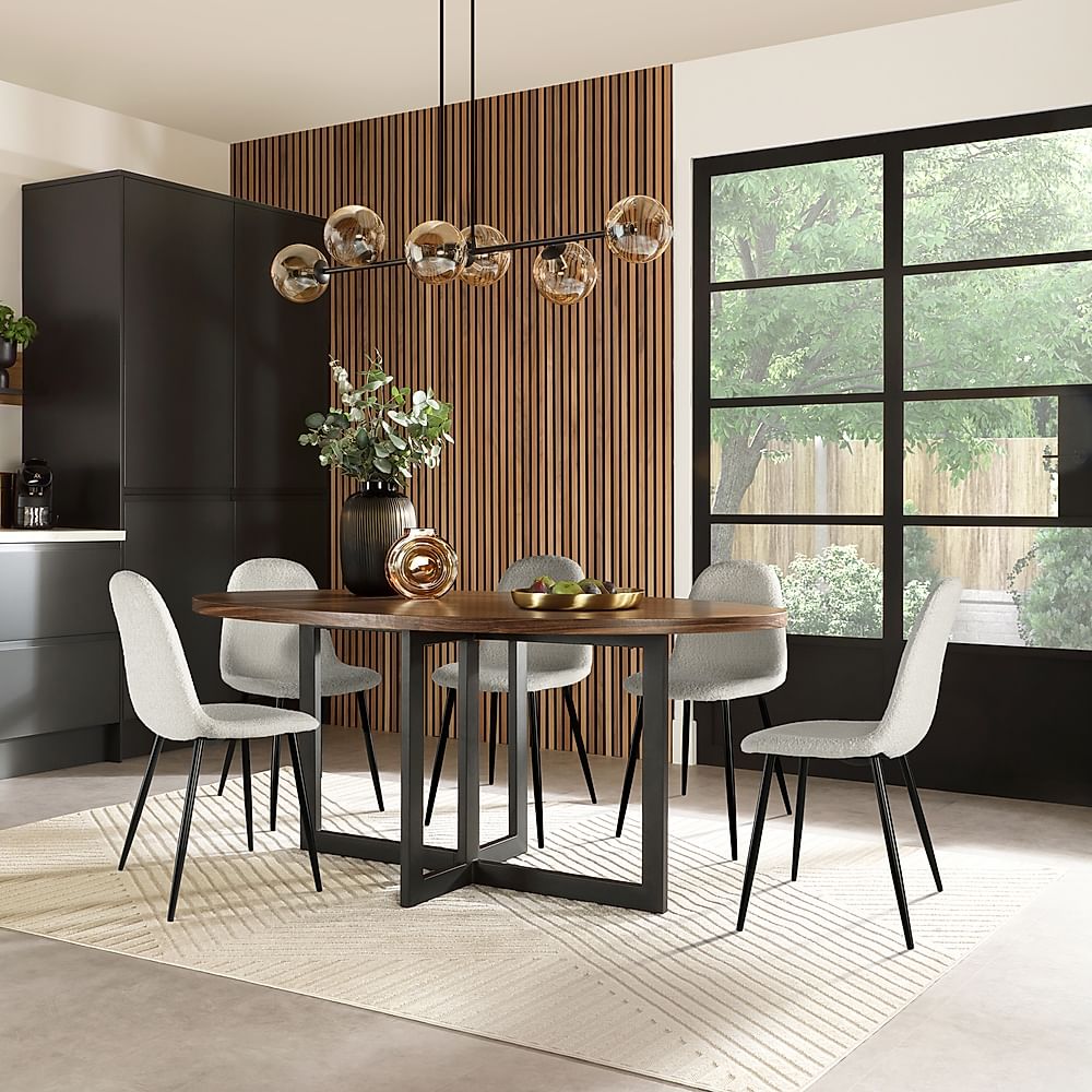 Newbury Oval Industrial Dining Table & 6 Brooklyn Chairs, Walnut Effect & Black Steel, Light Grey Classic Boucle Fabric, 180cm