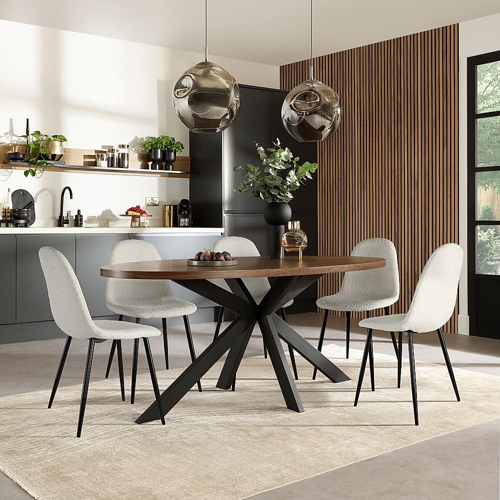 Madison Oval Industrial Dining Table & 4 Brooklyn Chairs, Walnut Effect & Black Steel, Light Grey Classic Boucle Fabric, 180cm