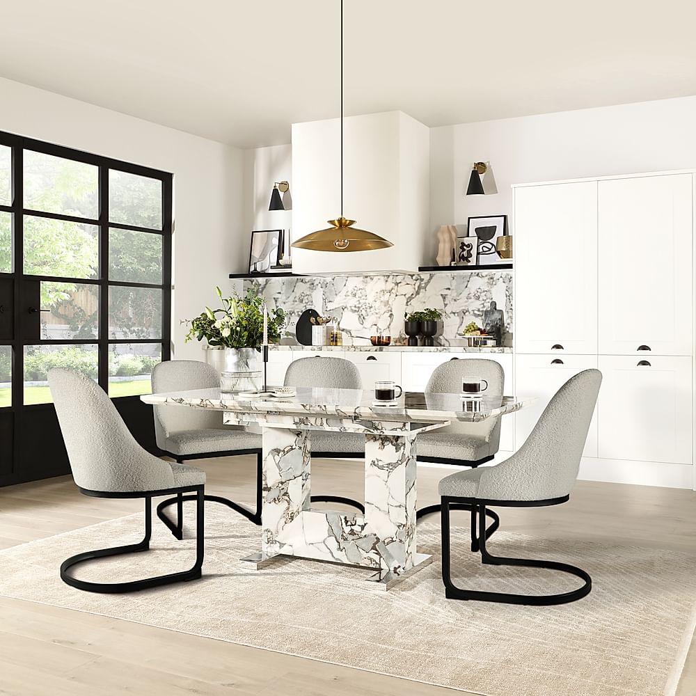 Florence Extending Dining Table & 4 Riva Chairs, Calacatta Viola Marble Effect, Light Grey Classic Boucle Fabric & Black Steel, 120-160cm