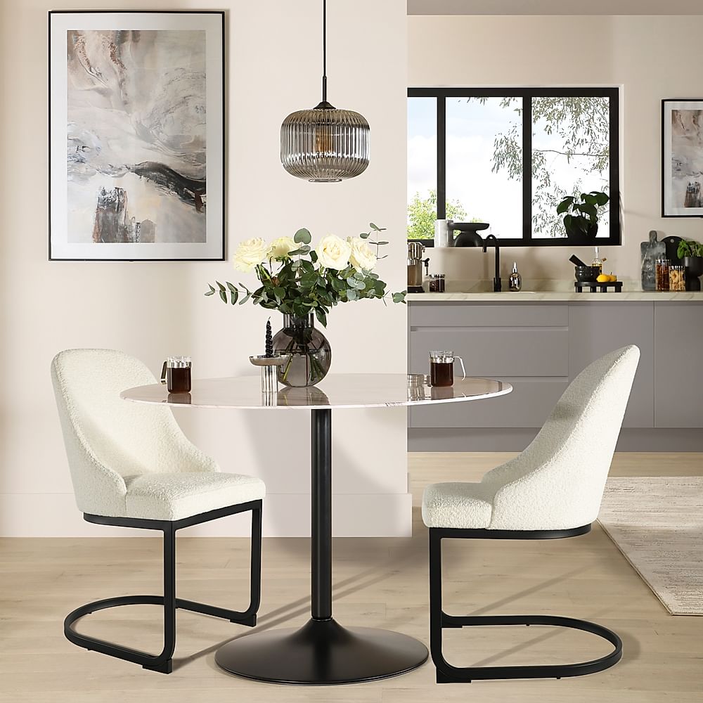Orbit Round Dining Table & 2 Riva Chairs, Grey Marble Effect & Black Steel, Ivory Classic Boucle Fabric, 110cm