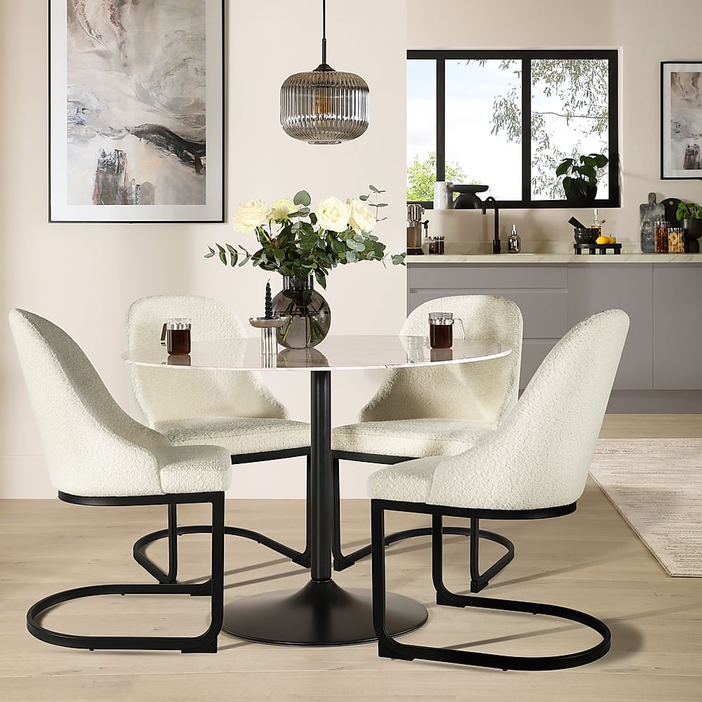 Orbit Round Dining Table & 4 Riva Chairs, Grey Marble Effect & Black Steel, Ivory Classic Boucle Fabric, 110cm