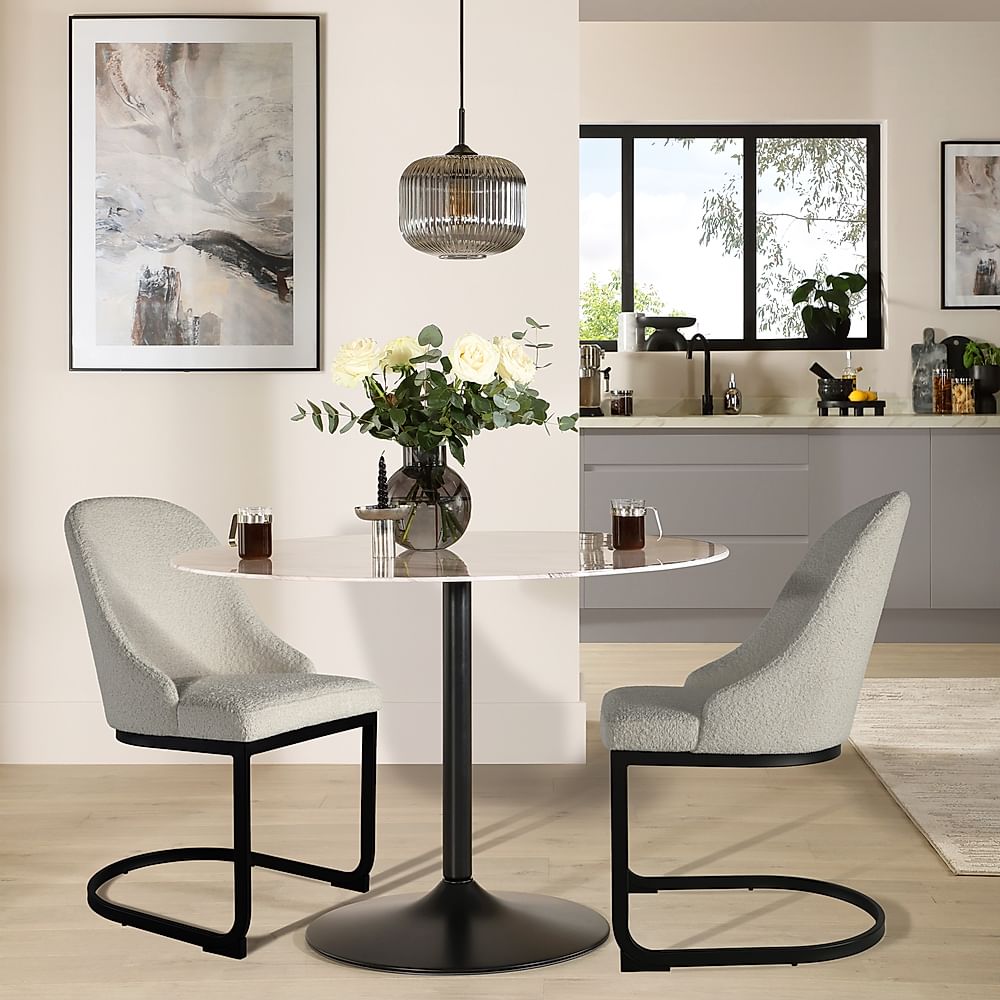 Orbit Round Dining Table & 2 Riva Chairs, Grey Marble Effect & Black Steel, Light Grey Classic Boucle Fabric, 110cm