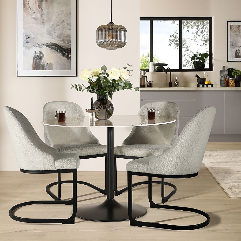 Orbit Round Dining Table & 4 Riva Chairs, Grey Marble Effect & Black Steel, Light Grey Classic Boucle Fabric, 110cm