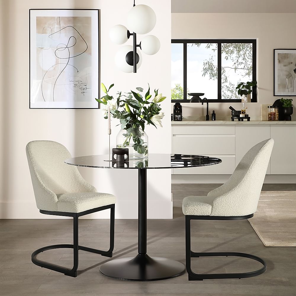 Orbit Round Dining Table & 2 Riva Chairs, Black Marble Effect & Black Steel, Ivory Classic Boucle Fabric, 110cm
