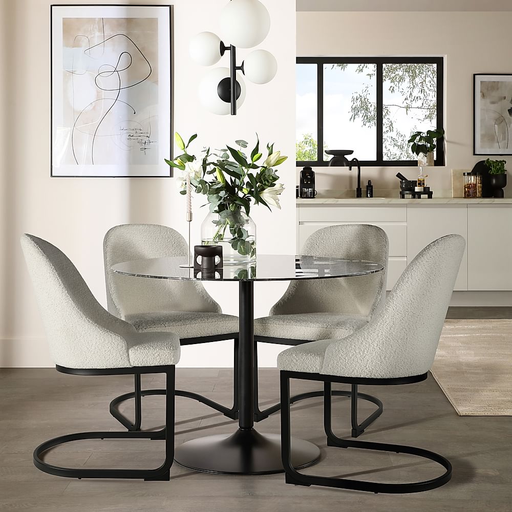 Orbit Round Dining Table & 4 Riva Chairs, Black Marble Effect & Black Steel, Light Grey Classic Boucle Fabric, 110cm