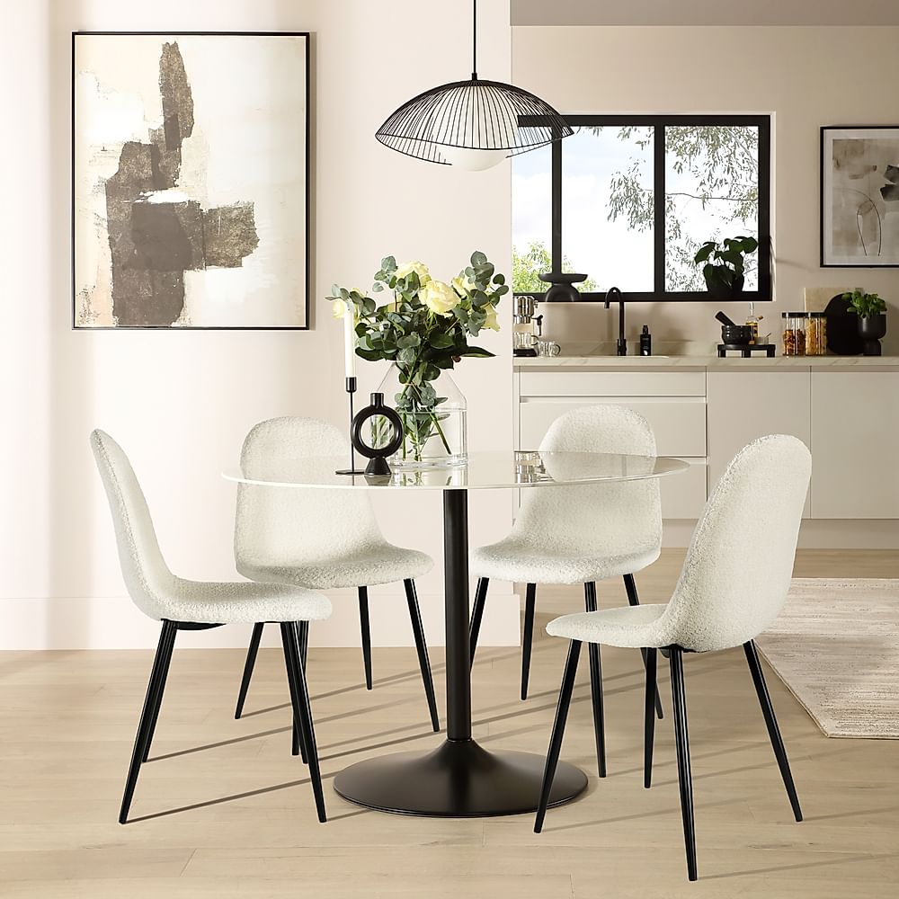 Orbit Round Dining Table & 4 Brooklyn Chairs, White Marble Effect & Black Steel, Ivory Classic Boucle Fabric, 110cm