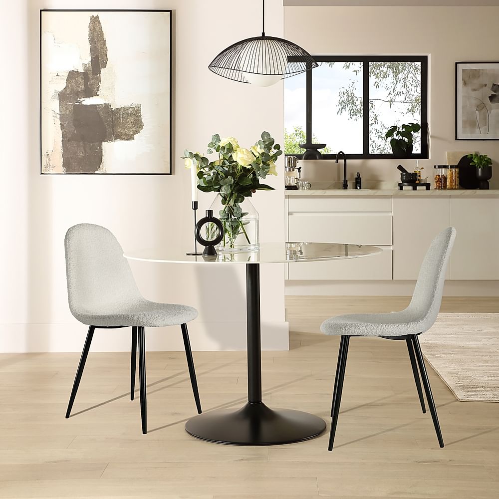 Orbit Round Dining Table & 2 Brooklyn Chairs, White Marble Effect & Black Steel, Light Grey Classic Boucle Fabric, 110cm
