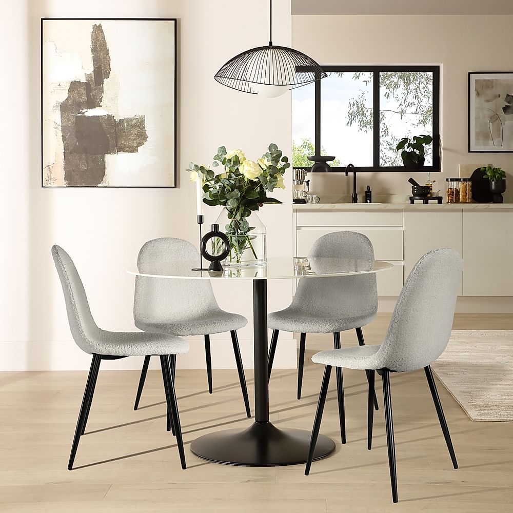 Orbit Round Dining Table & 4 Brooklyn Chairs, White Marble Effect & Black Steel, Light Grey Classic Boucle Fabric, 110cm