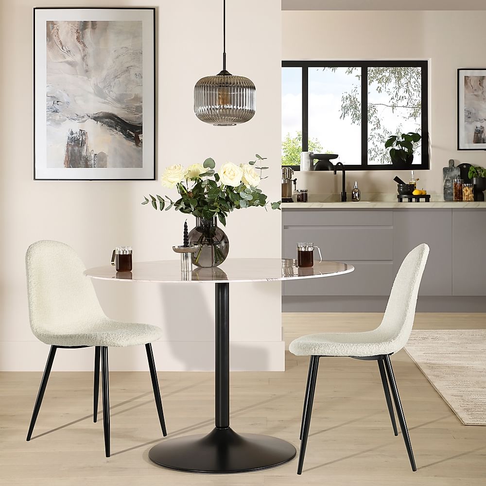 Orbit Round Dining Table & 2 Brooklyn Chairs, Grey Marble Effect & Black Steel, Ivory Classic Boucle Fabric, 110cm