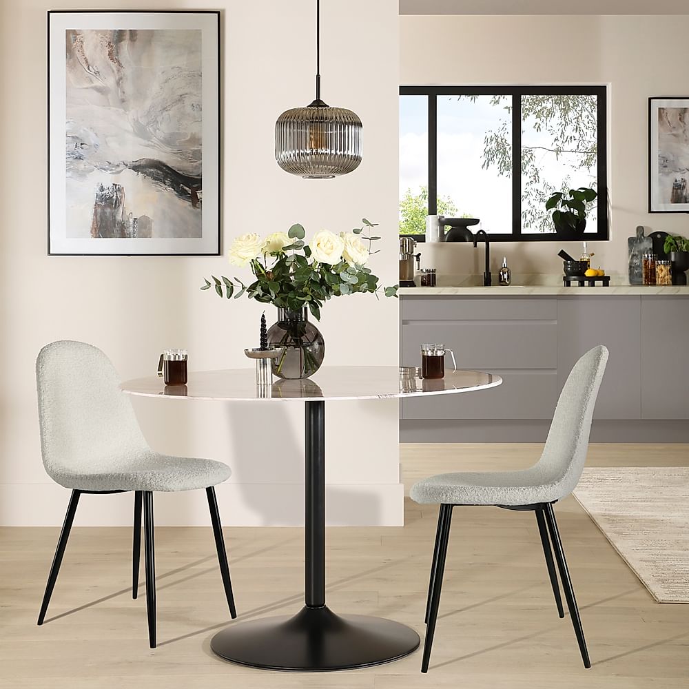 Orbit Round Dining Table & 2 Brooklyn Chairs, Grey Marble Effect & Black Steel, Light Grey Classic Boucle Fabric, 110cm