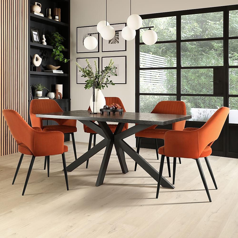 Madison Dining Table & 4 Clara Chairs, Black Oak Effect & Black Steel, Burnt Orange Classic Velvet, 160cm