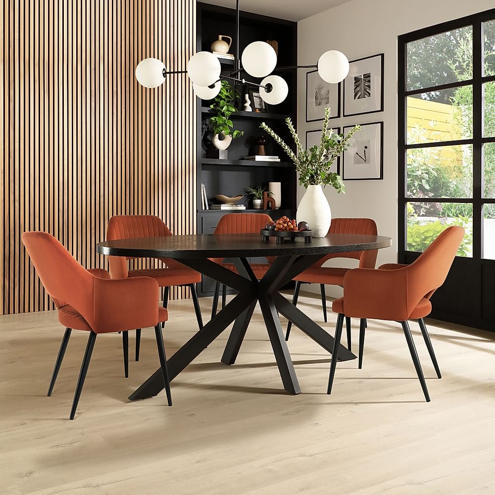 Madison Oval Dining Table & 4 Clara Chairs, Black Oak Effect & Black Steel, Burnt Orange Classic Velvet, 180cm