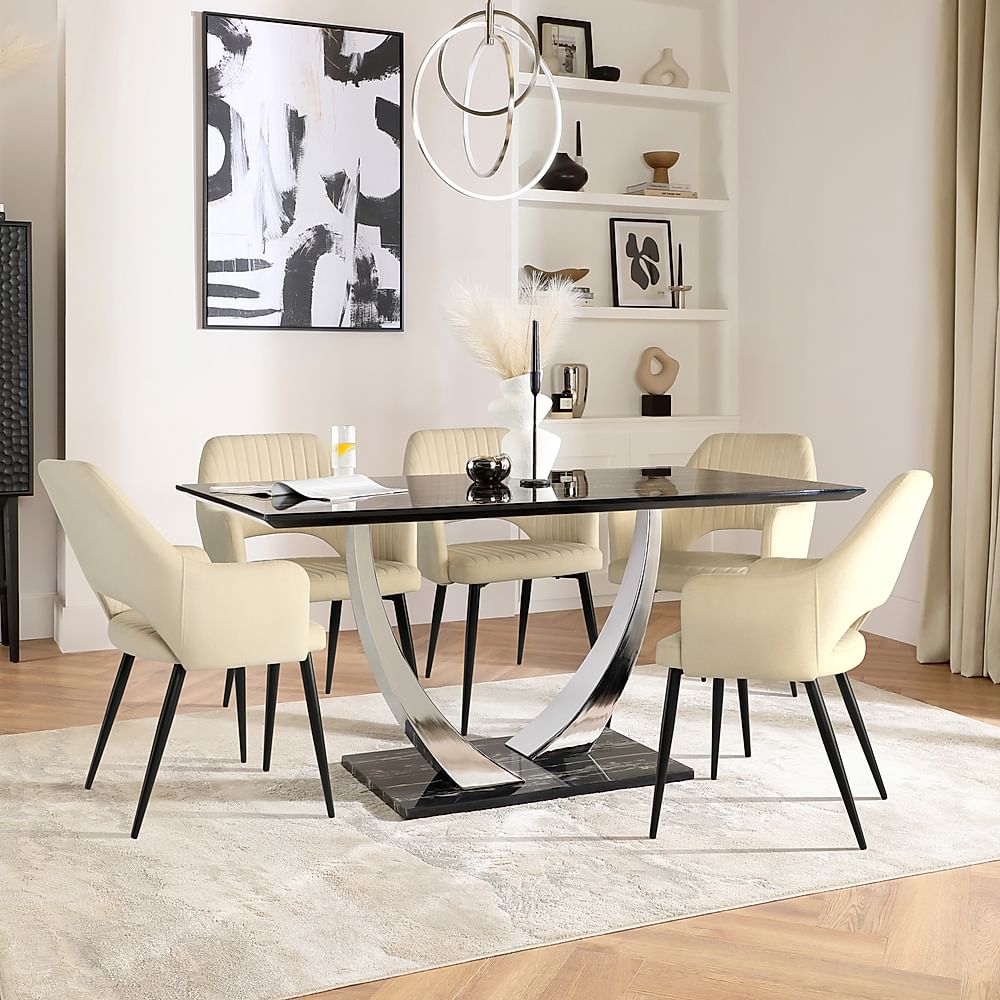 Peake Dining Table & 6 Clara Chairs, Black Marble Effect & Chrome, Ivory Classic Plush Fabric & Black Steel, 160cm