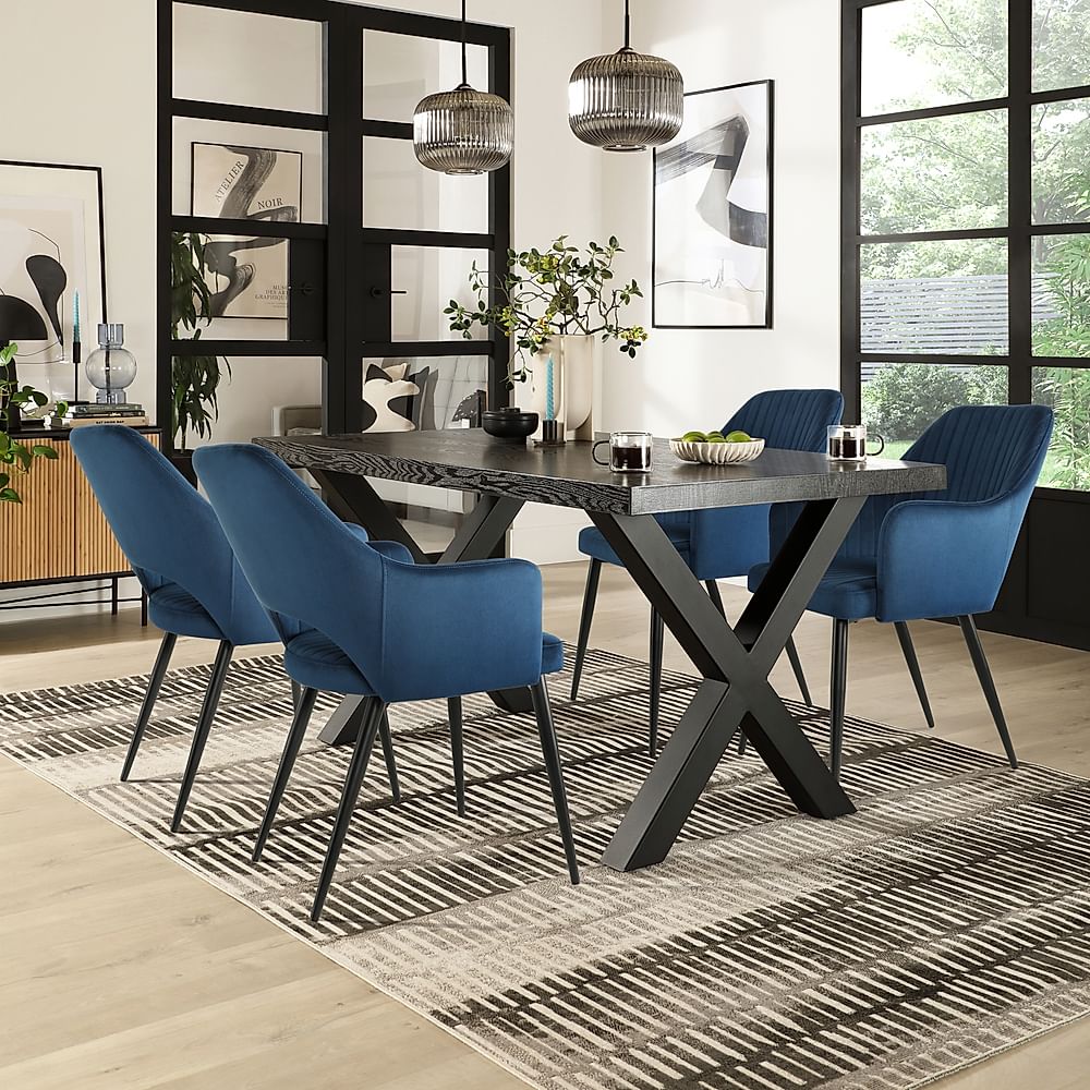 Franklin Dining Table & 4 Clara Chairs, Black Oak Effect & Black Steel, Blue Classic Velvet, 150cm