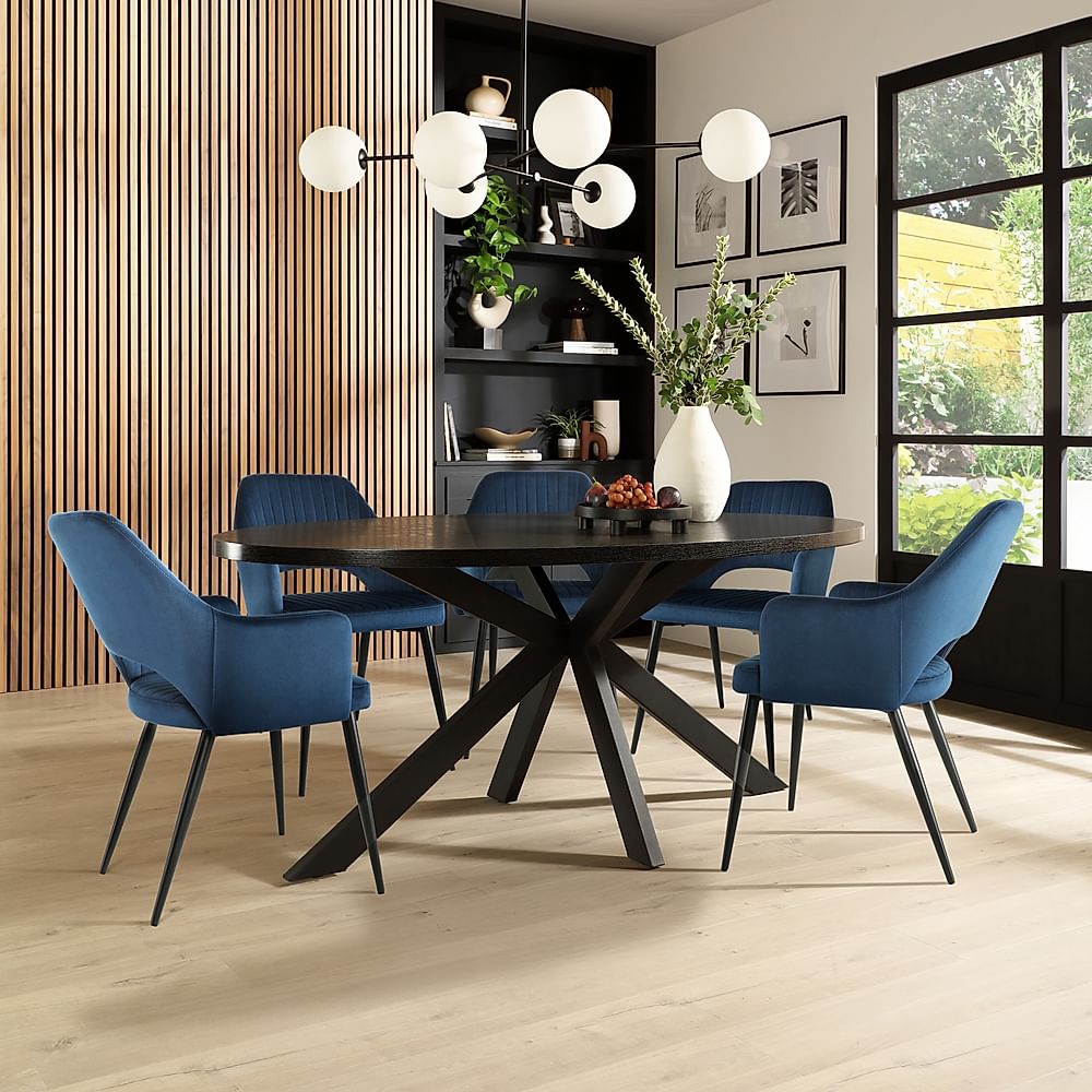 Madison Oval Dining Table & 6 Clara Chairs, Black Oak Effect & Black Steel, Blue Classic Velvet, 180cm