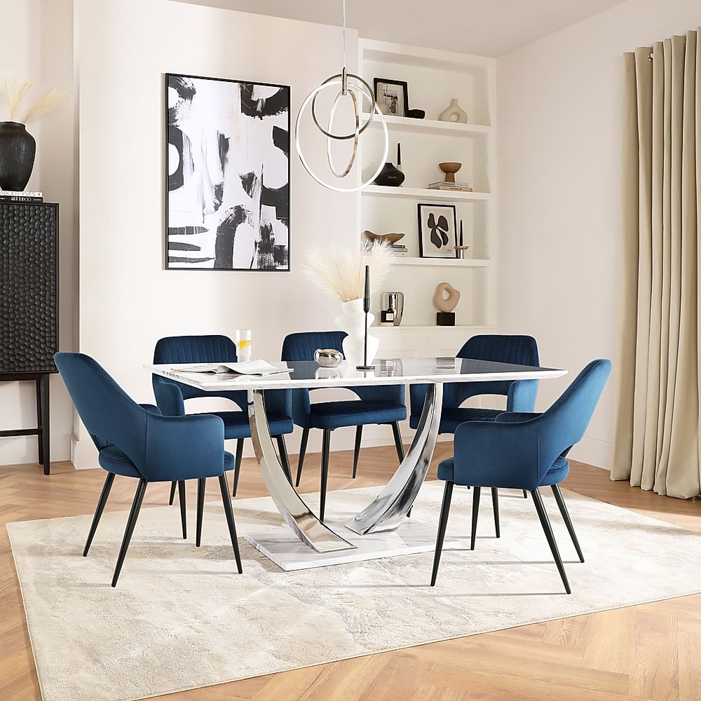 Peake Dining Table & 4 Clara Chairs, White Marble Effect & Chrome, Blue Classic Velvet & Black Steel, 160cm