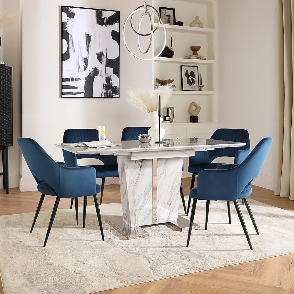 Vienna Extending Dining Table & 6 Clara Chairs, Grey Marble Effect, Blue Classic Velvet & Black Steel, 120-160cm