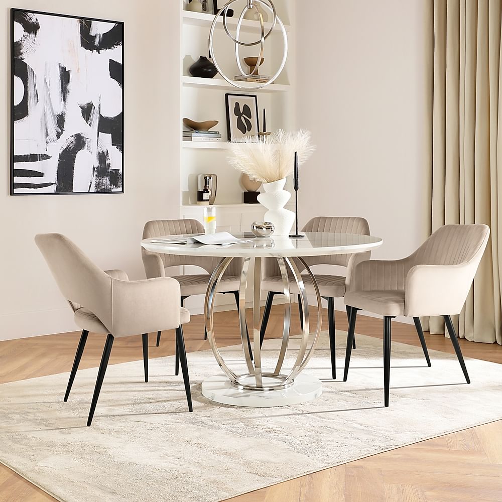 Savoy Round Dining Table & 4 Clara Chairs, White Marble Effect & Chrome, Champagne Classic Velvet & Black Steel, 120cm