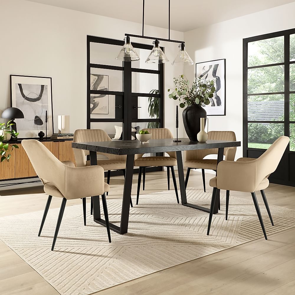 Addison Dining Table & 4 Clara Chairs, Black Oak Effect & Black Steel, Champagne Classic Velvet, 150cm