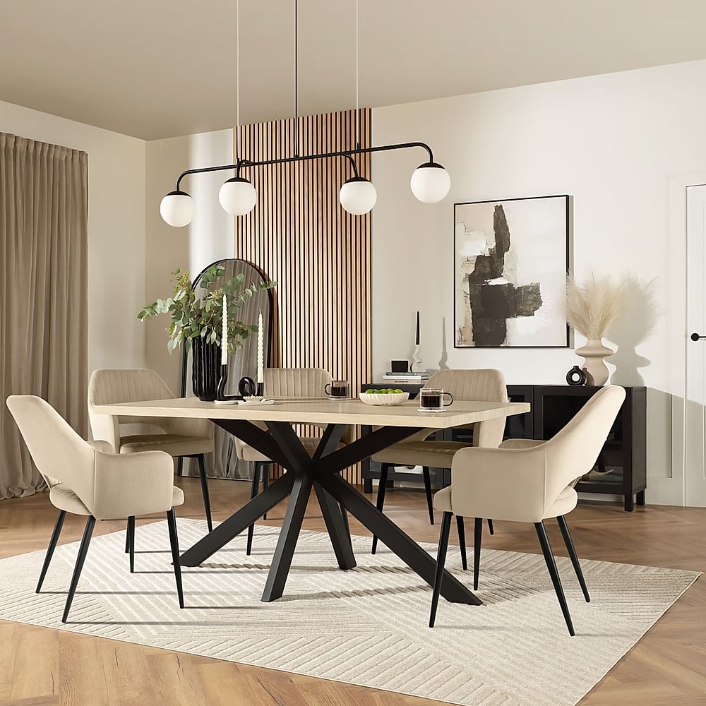 Madison Dining Table & 4 Clara Chairs, Light Oak Effect & Black Steel, Champagne Classic Velvet, 160cm