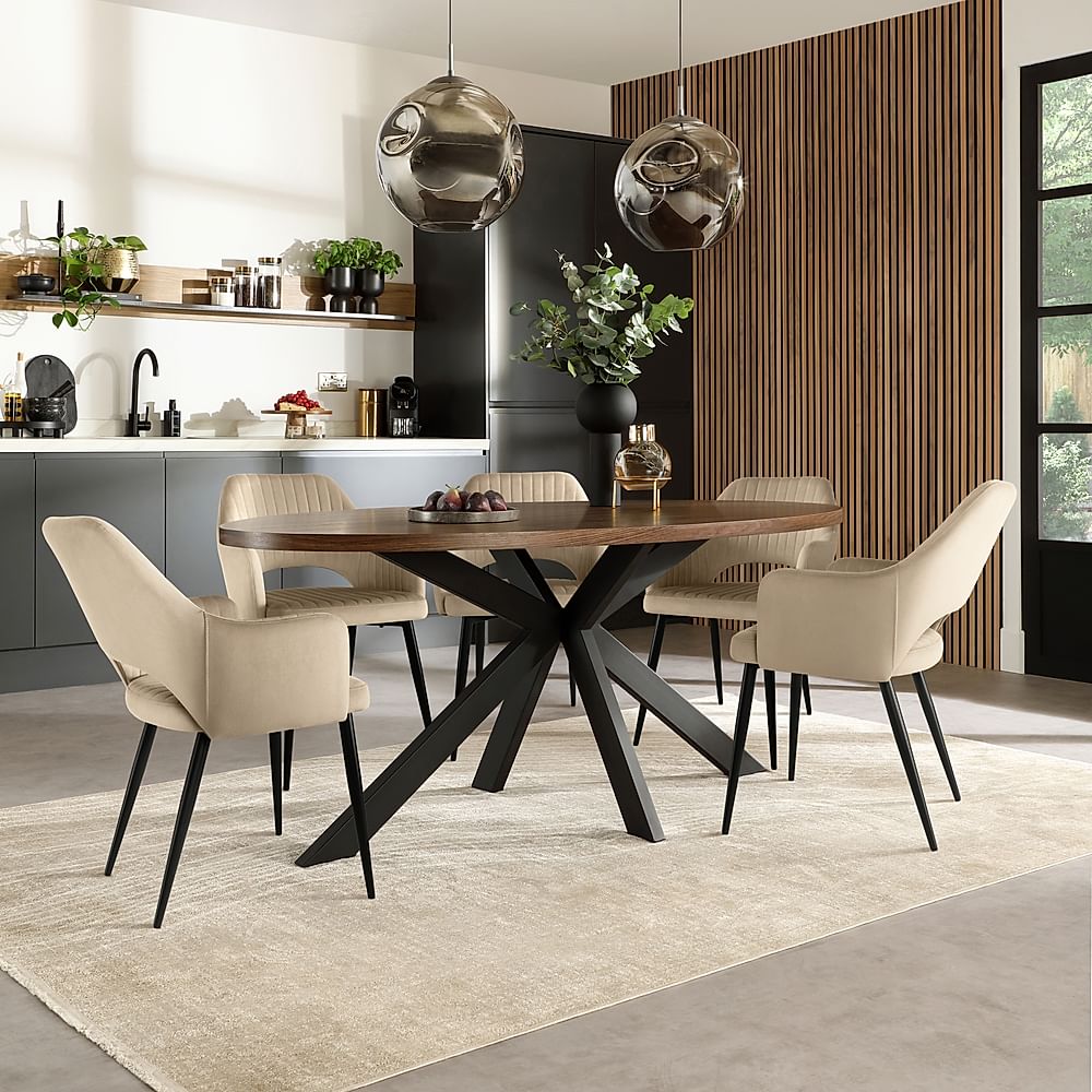 Madison Oval Industrial Dining Table & 6 Clara Chairs, Walnut Effect & Black Steel, Champagne Classic Velvet, 180cm