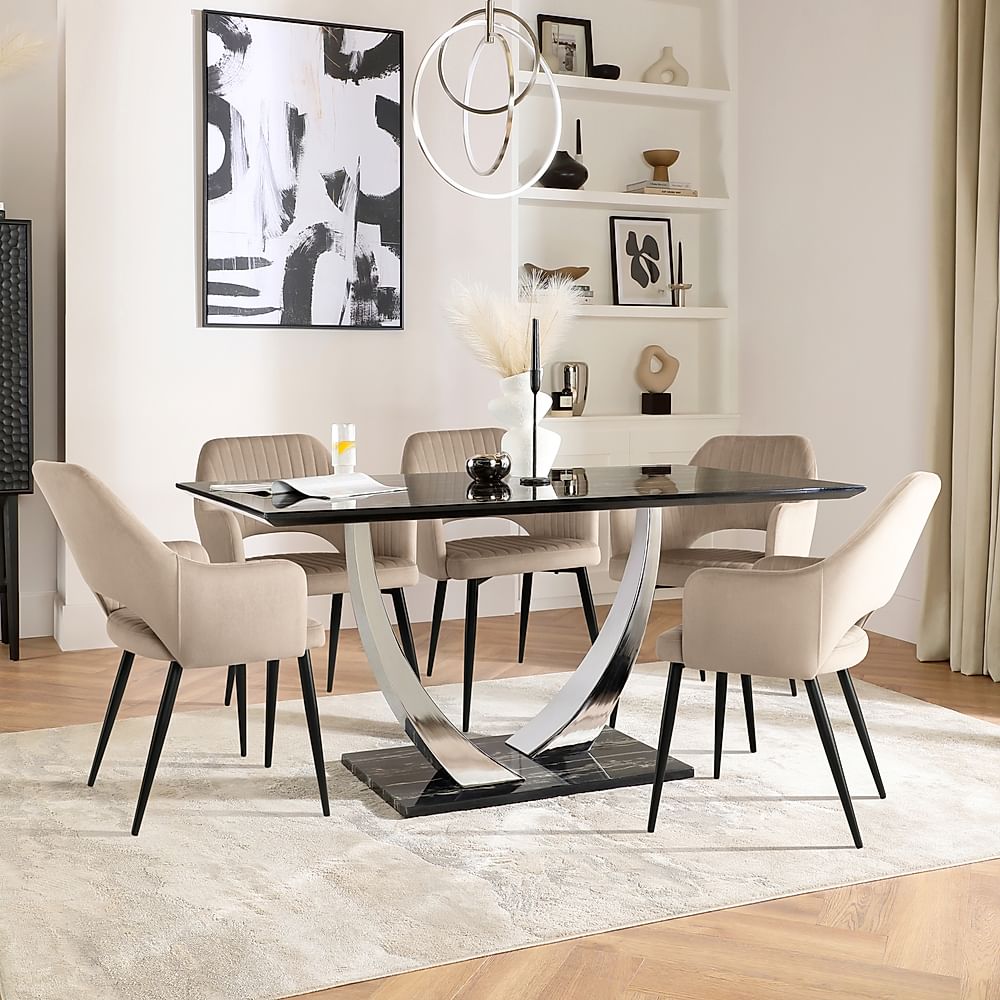 Peake Dining Table & 6 Clara Chairs, Black Marble Effect & Chrome, Champagne Classic Velvet & Black Steel, 160cm