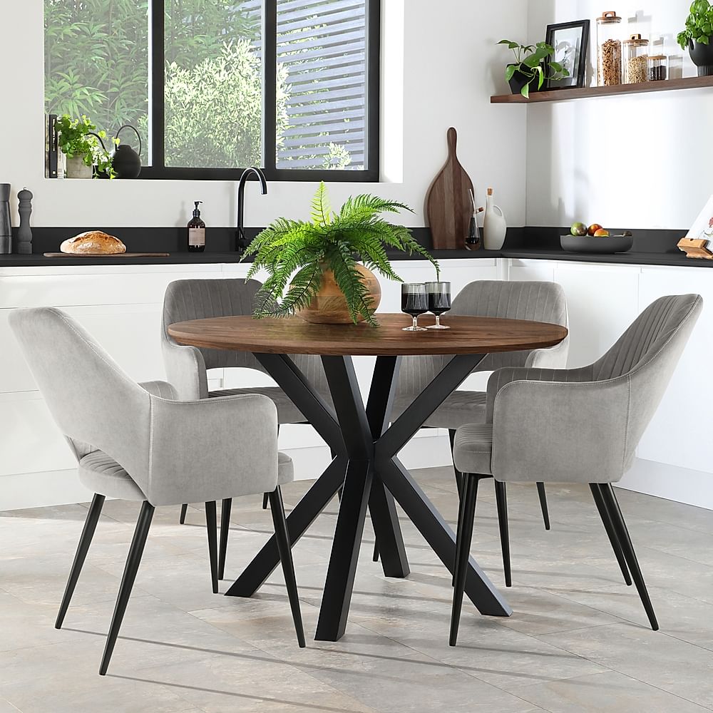 Newark Round Industrial Dining Table & 4 Clara Chairs, Walnut Effect & Black Steel, Grey Classic Velvet, 110cm