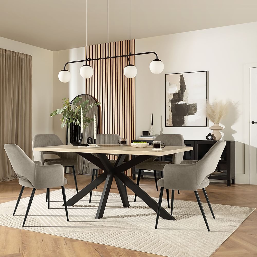 Madison Dining Table & 6 Clara Chairs, Light Oak Effect & Black Steel, Grey Classic Velvet, 160cm