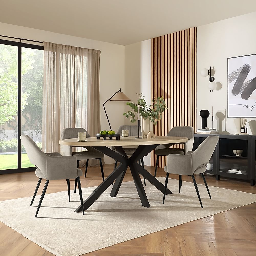 Madison Oval Dining Table & 6 Clara Chairs, Light Oak Effect & Black Steel, Grey Classic Velvet, 180cm