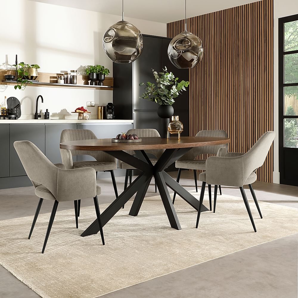 Madison Oval Industrial Dining Table & 4 Clara Chairs, Walnut Effect & Black Steel, Grey Classic Velvet, 180cm